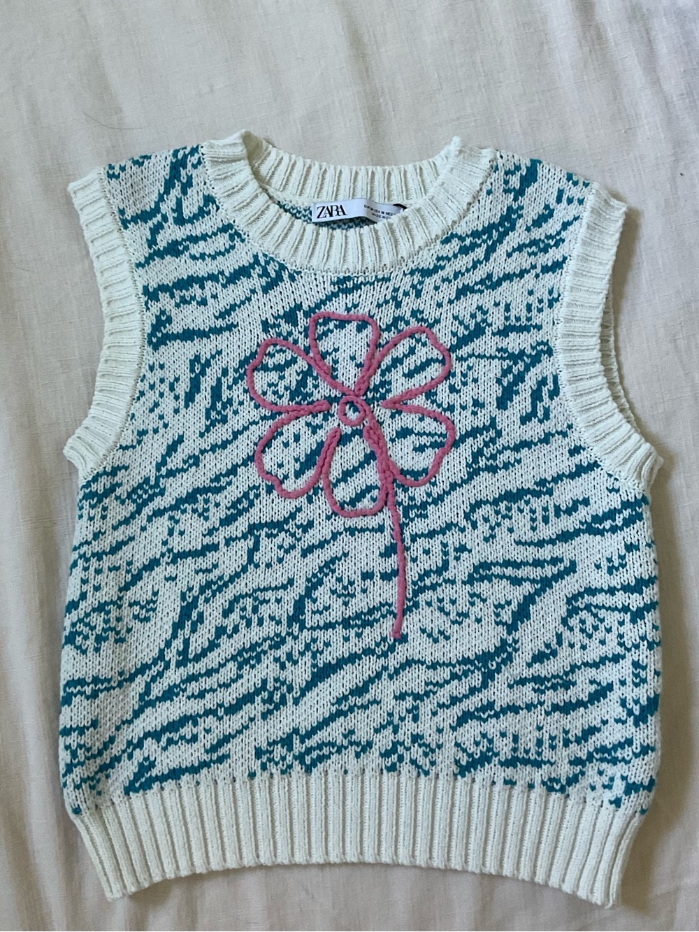 ZARA Cream & Teal Knit Vest with Pink Flower Embroidery